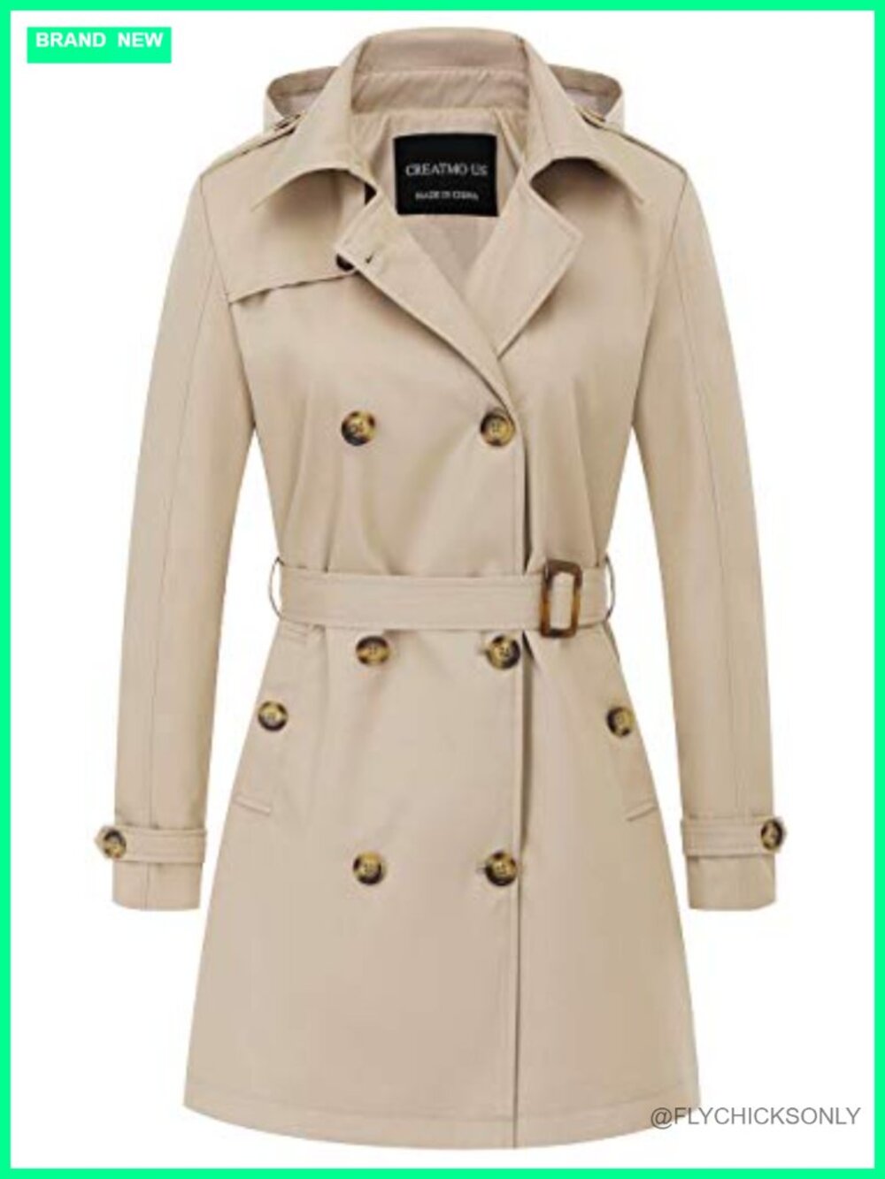 Women's Double-Breasted Trench Coat Belted Slim Detachable Hood Mid-Length